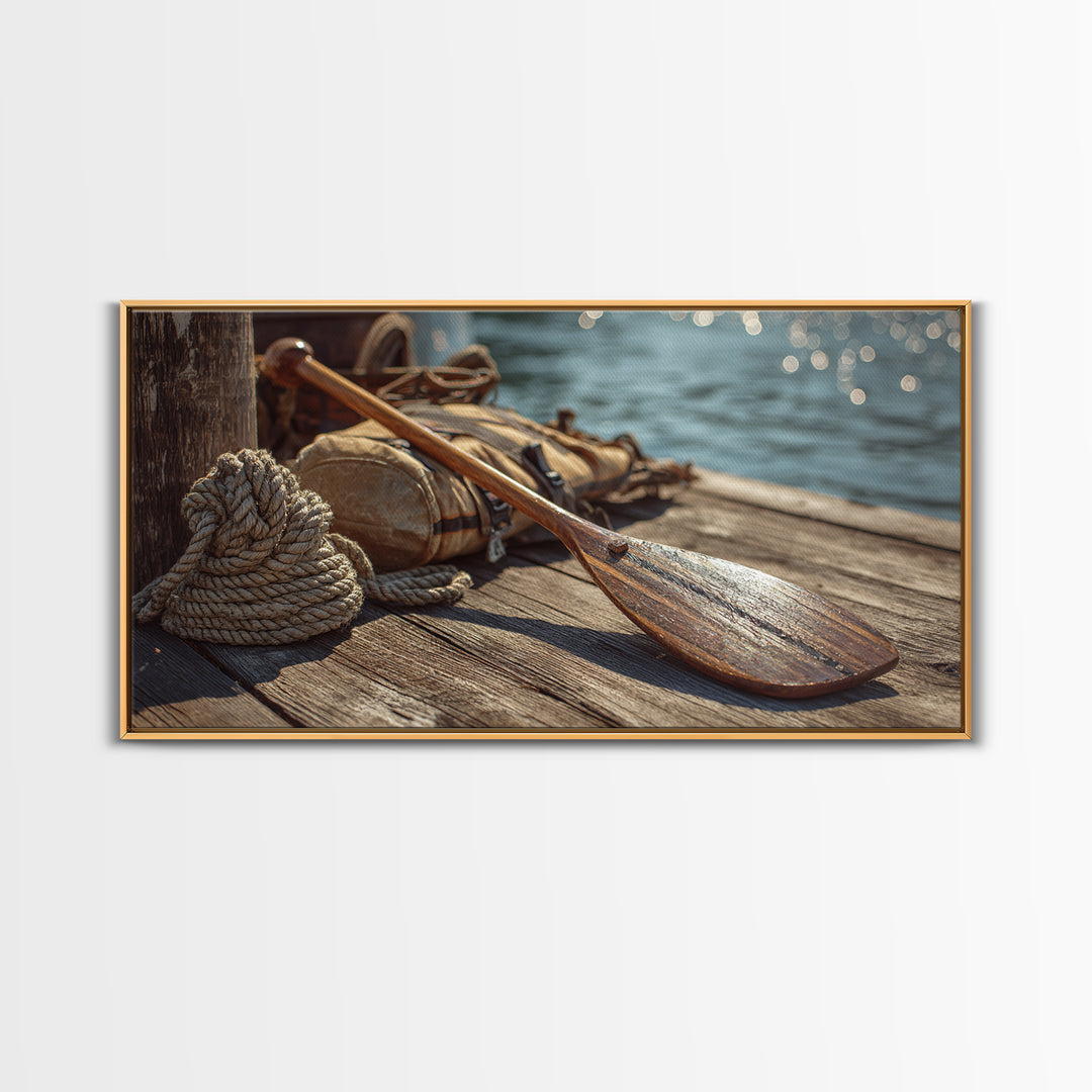 Weathered Paddle And Rope On Dock Canvas Print, Nautical Wall Art, Lake House Decor, Coastal Cabin Gift, Rustic Boat Print