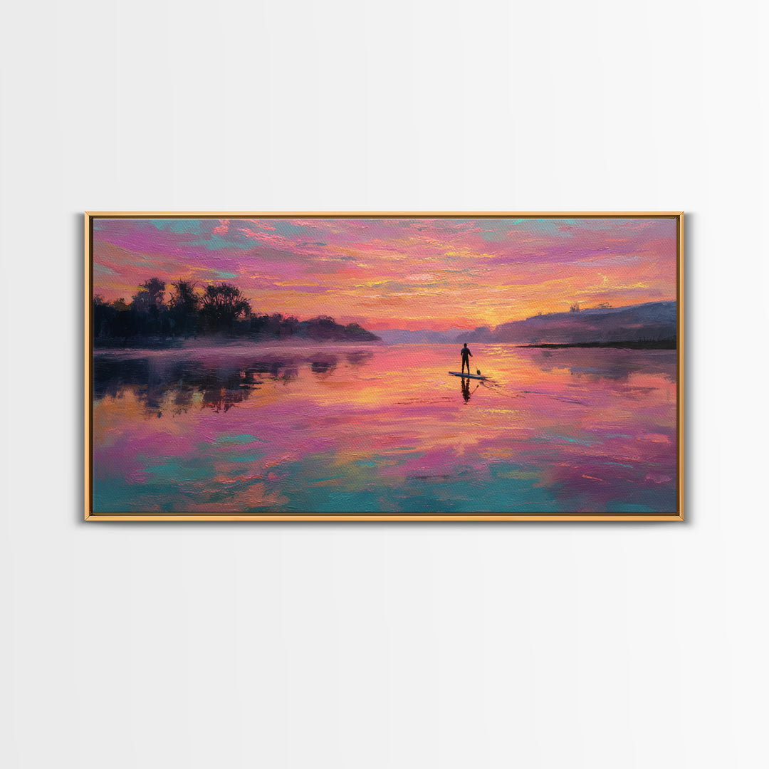 Paddleboarder On Pink Sunset Lake Wall Art, Colorful Seascape Canvas Print, Romantic Coastal Decor, Large Living Room Art