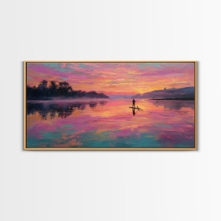Paddleboarder On Pink Sunset Lake Wall Art, Colorful Seascape Canvas Print, Romantic Coastal Decor, Large Living Room Art