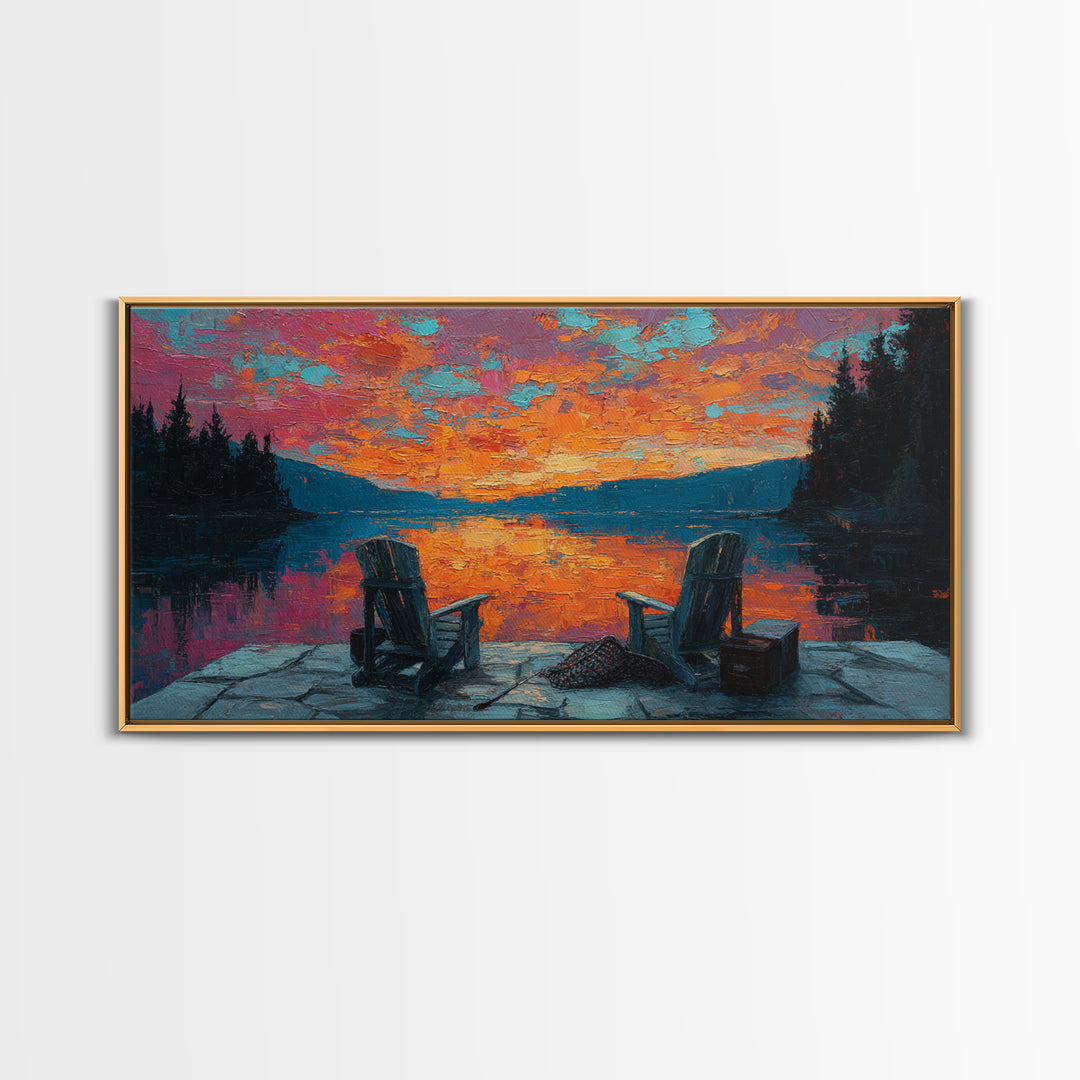 Two Adirondack Chairs By Vivid Lake Sunset Canvas Print, Cabin Wall Art, Rustic Decor, Lake House Decor, Cozy Gift For Living Room