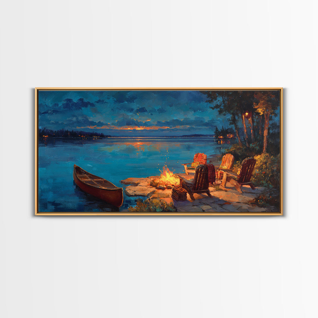 Cozy Lakeside Campfire Wall Art, Adirondack Chairs And Canoe Canvas, Rustic Lake House Cabin Decor For Living Room Decor