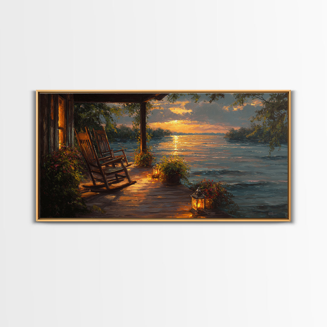 Sunset Porch Rocking Chair By Lake Wall Art, Cozy Cabin Canvas Print, Rustic Lakeside Home Decor, Housewarming Gift, Living Room Decor