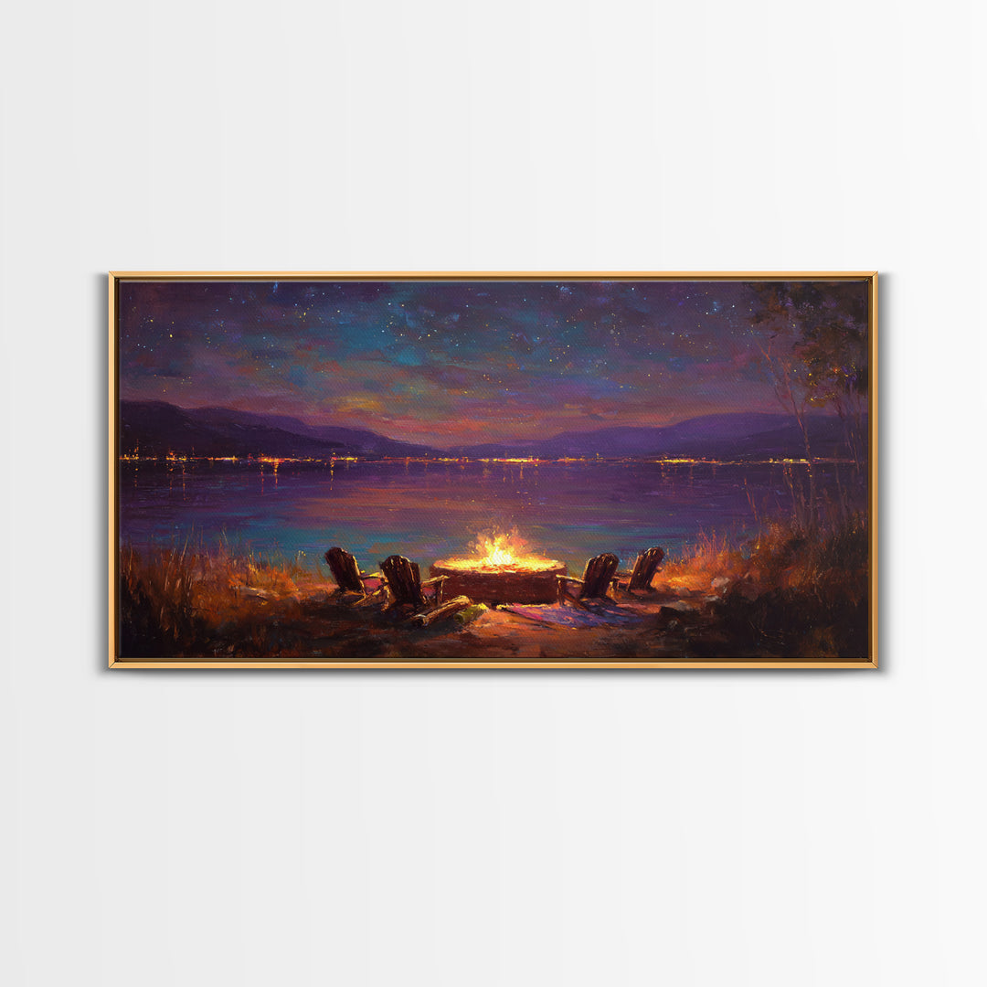 Campfire By Starlit Mountain Lake Canvas Print, Cozy Cabin Wall Decor, Rustic Landscape Art, Nature Lover Home Decor Gift