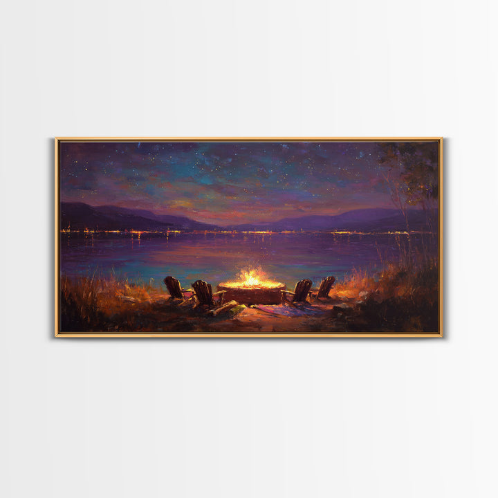 Campfire By Starlit Mountain Lake Canvas Print, Cozy Cabin Wall Decor, Rustic Landscape Art, Nature Lover Home Decor Gift