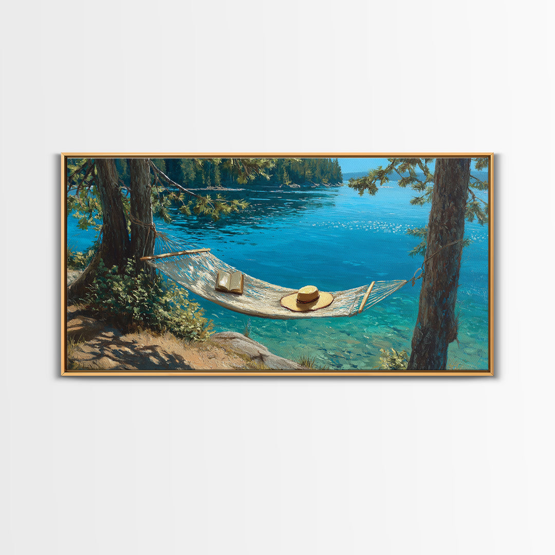 Lake Hammock Retreat Wall Art, Coastal Cabin Canvas Print, Nature Landscape, Lake House Decor, Relaxing Summer Home Decor