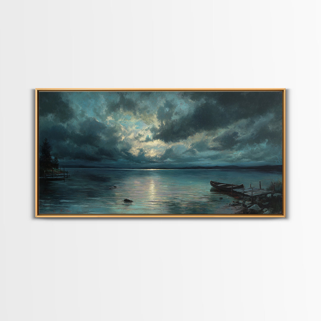Stormy Moonlit Lake With Rowboat Wall Art, Moody Seascape Canvas Print, Dark Coastal Landscape Art, Living Room Decor, Office Decor