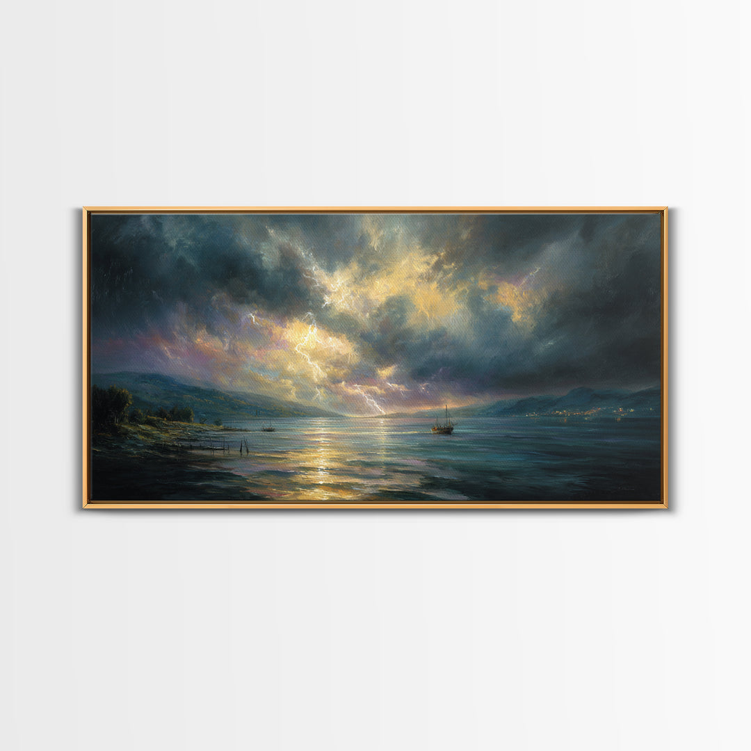 Stormy Ocean Lightning Seascape Canvas Print, Moody Wall Art, Nautical Decor, Coastal Landscape, Large Living Room Art Print