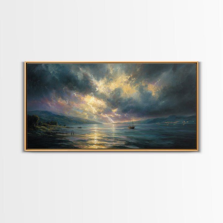Stormy Ocean Lightning Seascape Canvas Print, Moody Wall Art, Nautical Decor, Coastal Landscape, Large Living Room Art Print