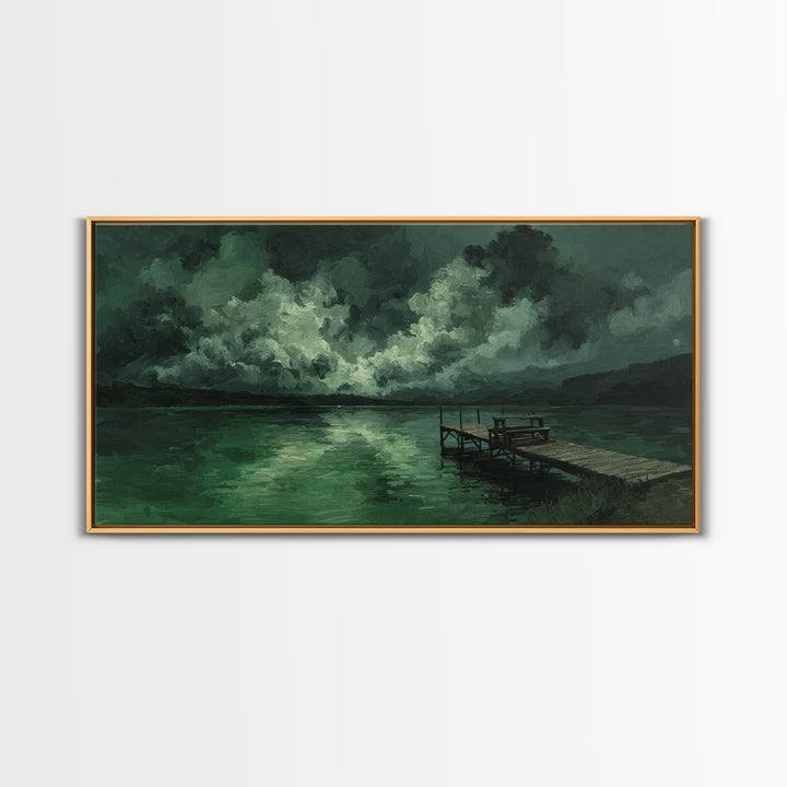 Moody Green Lake Dock At Stormy Night Wall Art, Dark Landscape Canvas Print, Rustic Cabin Decor, Emerald Nature Painting