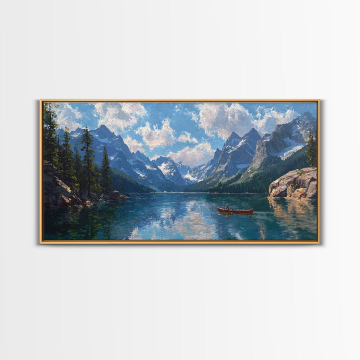 Mountain Lake Canoe Wall Art, Alpine Landscape Canvas Print, Serene Nature Decor, Large Rustic Cabin Gift For Living Room