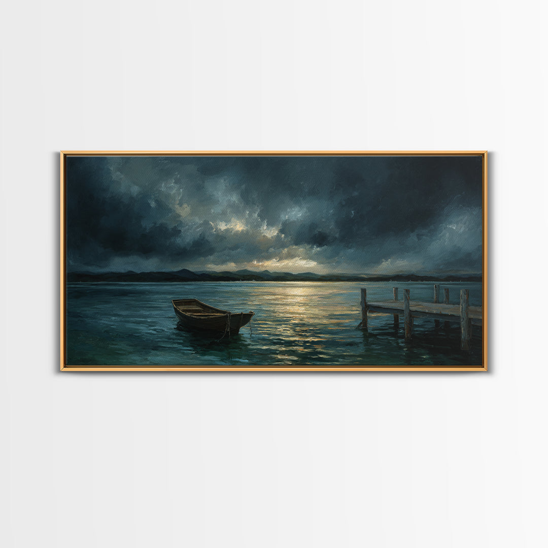 Stormy Row Boat And Wooden Dock Seascape Wall Art, Moody Ocean Canvas Print, Coastal Decor, Nautical Wall Decor Gift For Him