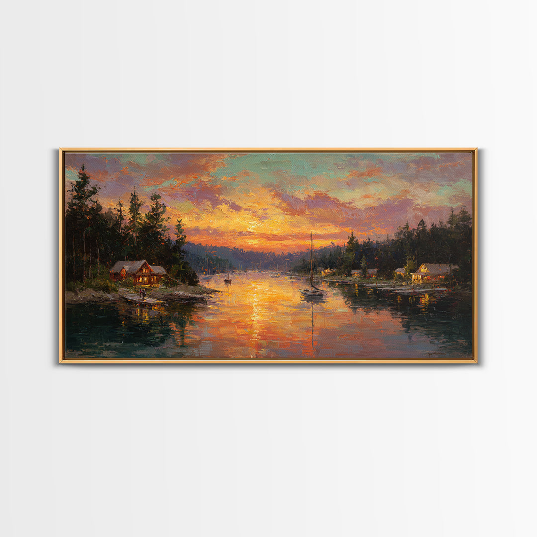 Glowing Lakeside Cabins At Sunset Framed Canvas Print, Rustic Lake House Wall Art, Cabin Decor, Landscape Painting, Living Room Decor