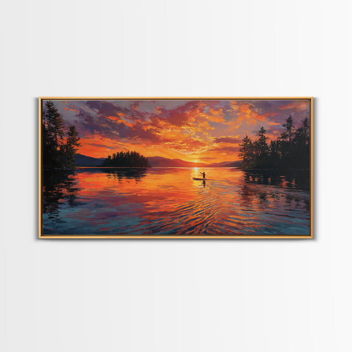 Fiery Sunset Kayaker On Mountain Lake Wall Art, Canvas Print, Outdoor Adventure Decor, Lake House Gift, Large Wall Art, Sunset Painting
