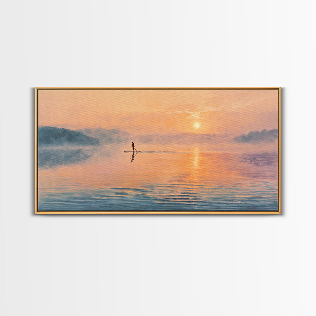 Minimal Paddleboarder On Misty Sunrise Lake Canvas Print, Calming Wall Art, Coastal Decor, Minimalist Landscape Art, Bedroom Decor