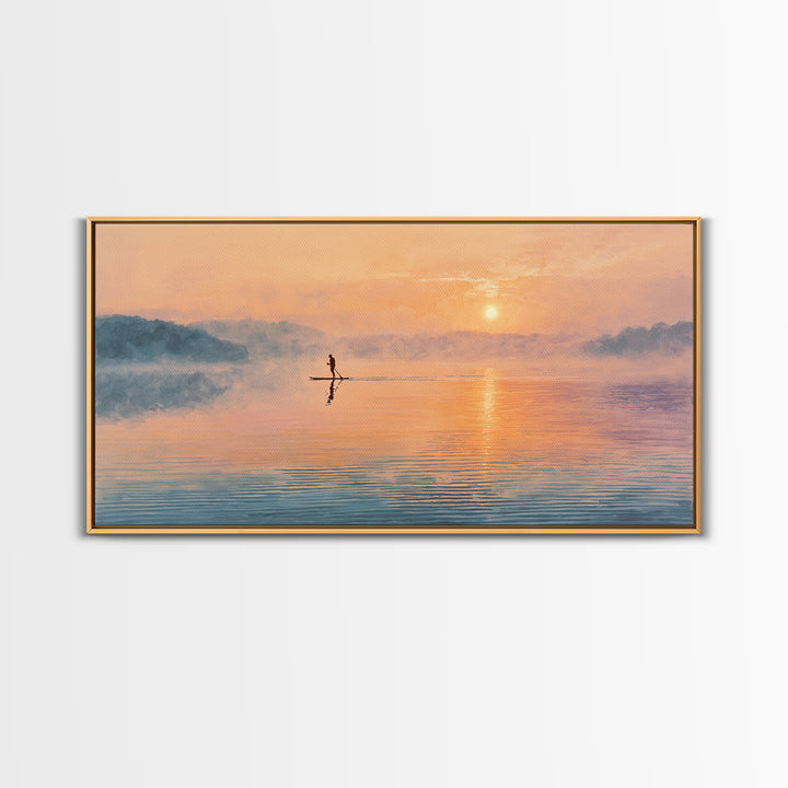 Minimal Paddleboarder On Misty Sunrise Lake Canvas Print, Calming Wall Art, Coastal Decor, Minimalist Landscape Art, Bedroom Decor