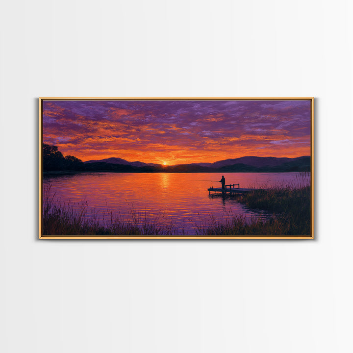 Solitary Figure On Dock At Purple Sunset Wall Art, Framed Canvas Print, Mountain Lake Decor, Peaceful Bedroom Art, Living Room Decor