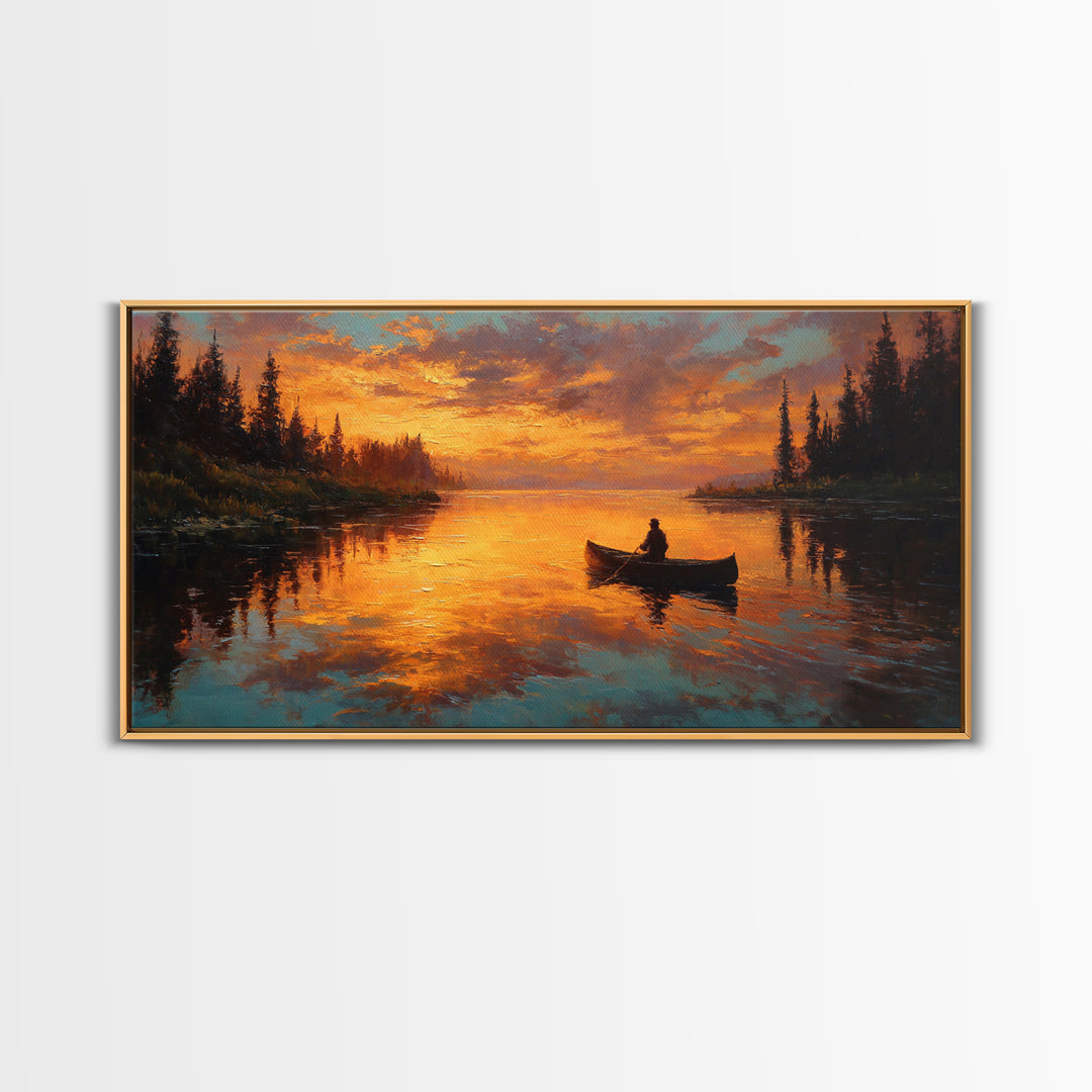 Golden Canoe At Sunset On Quiet Forest Lake Canvas Print, Rustic Cabin Wall Art, Nature Decor, Landscape Painting, Lake House Decor