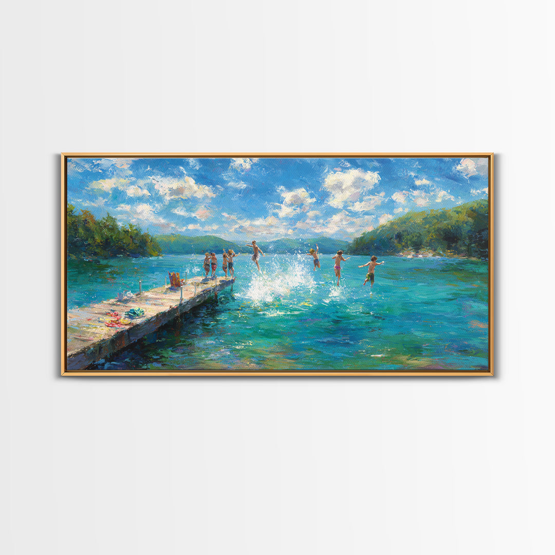 Joyful Summer Kids Jumping Into Blue Lake Artwork, Vibrant Landscape Canvas Print, Wall Art For Family Room And Children's Bedroom Decor