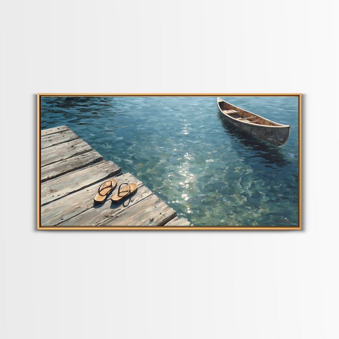 Serene Lake View With Wooden Boat And Dock Landscape Wall Art Framed Canvas Print For Coastal Home Decor