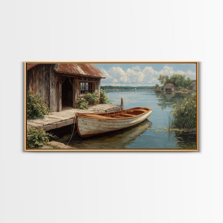 Rustic Waterfront Scene With Wooden Rowboat And Weathered Dock Painting Wall Art Canvas Print For Living Room Decor