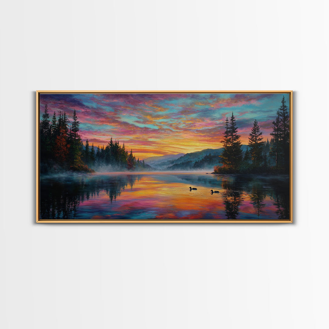 Serene Misty Lake Sunset Landscape Painting Wall Art Canvas Print For Tranquil Living Room Décor
