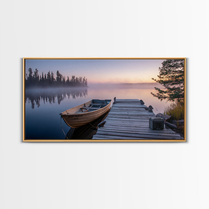 Misty Lake Morning With Boat And Trees Soft Pastel Landscape Wall Art For Rustic Home Decor And Large Framed Canvas Print
