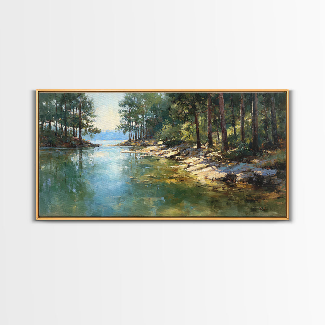 Woodland Landscape Painting With Misty Lake Framed Canvas Print Wall Art Rustic Nature Home Decor Large Art Print