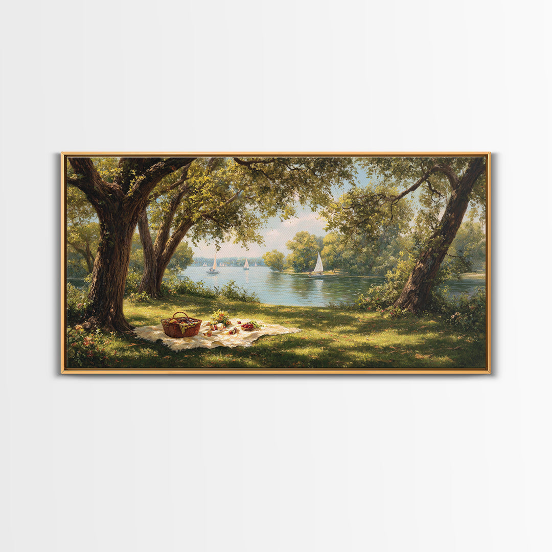 Idyllic Lakeside Picnic Scene With Trees And Sailboats Wall Art Framed Canvas Print For Living Room Decor