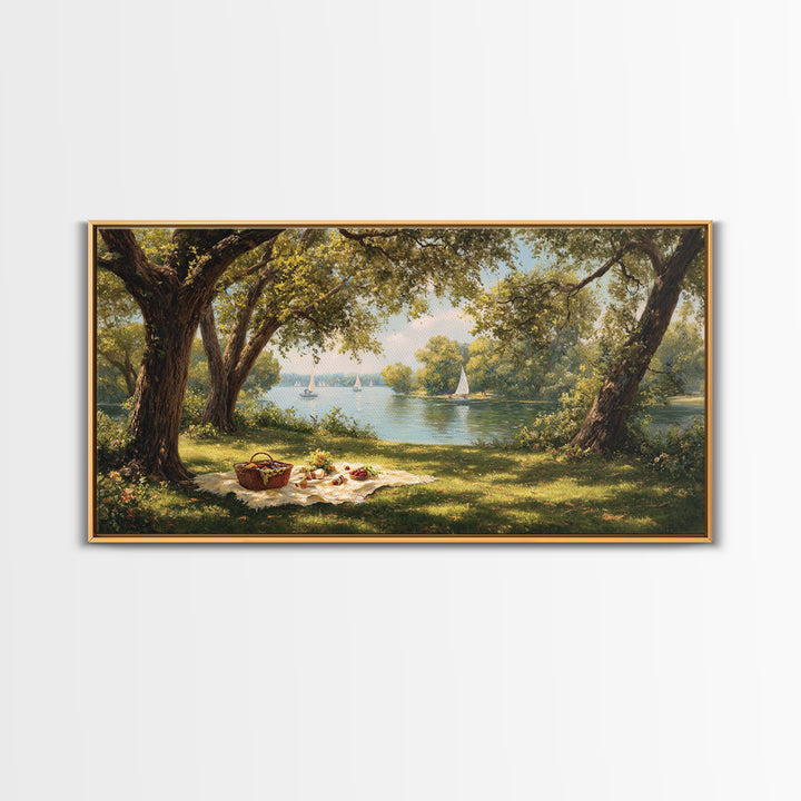 Idyllic Lakeside Picnic Scene With Trees And Sailboats Wall Art Framed Canvas Print For Living Room Decor