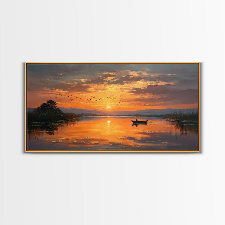 Majestic Sunset Over Calm River With Birds Flying Silhouettes Realistic Painting Wall Art Framed Canvas Print For Serene Decor
