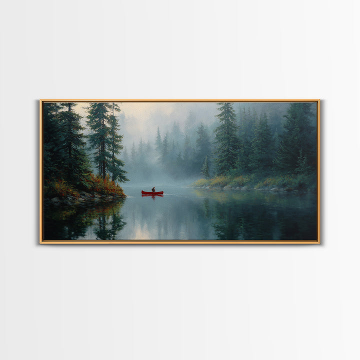 Peaceful Forest Lake With Canoe And Mist Landscape Oil Painting Canvas Print Large Wall Art For Cozy Living Room Decor