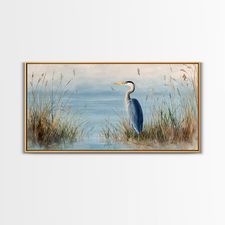 Serene Blue Heron In Marsh Landscape Painting Fine Art Print Framed Canvas Print Coastal Wall Art Quiet Nature Decor