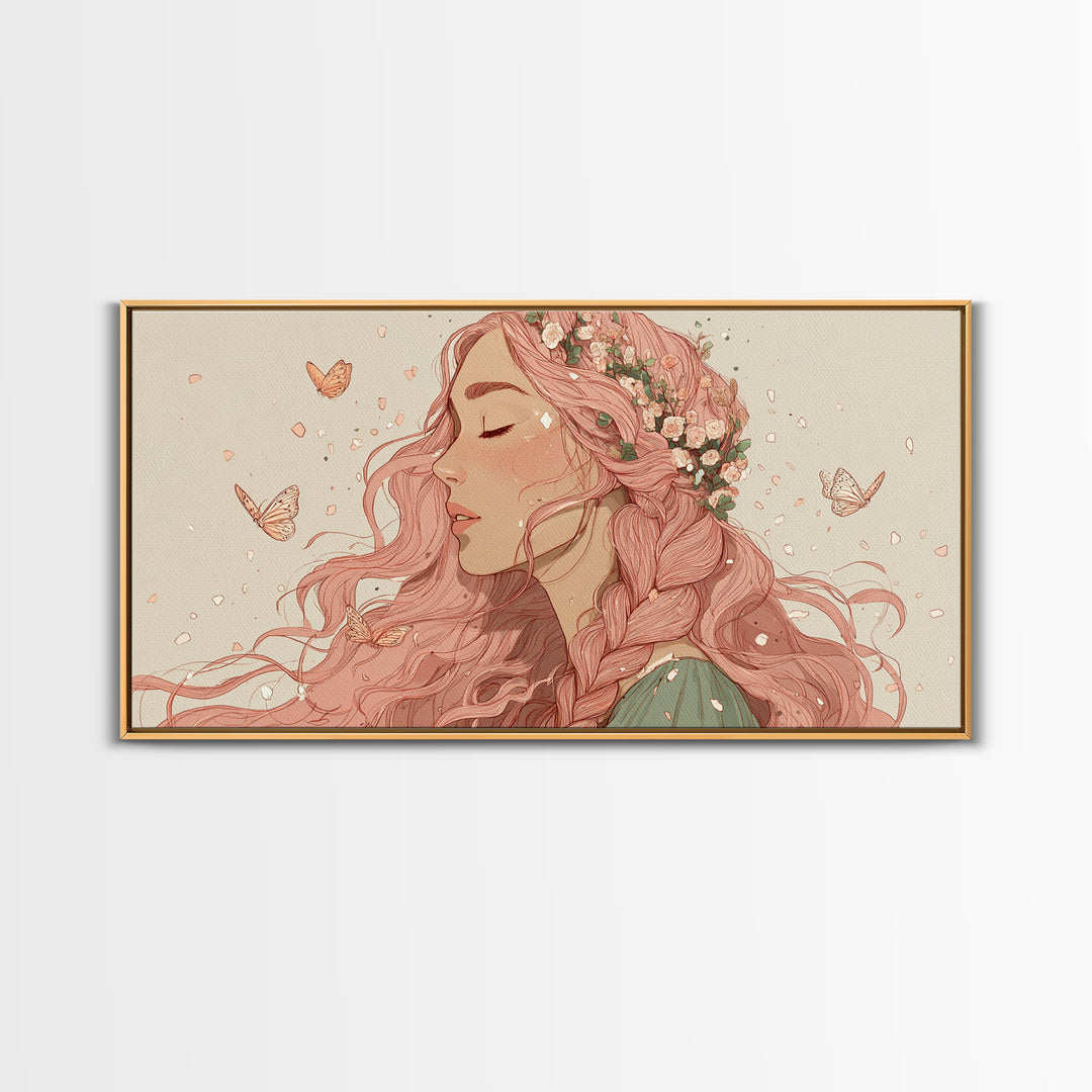Pink Braided Floral Woman Portrait Wall Art, Feminine Boho Decor, Whimsical Butterfly Canvas Art, Gift For Her, Living Room Decor