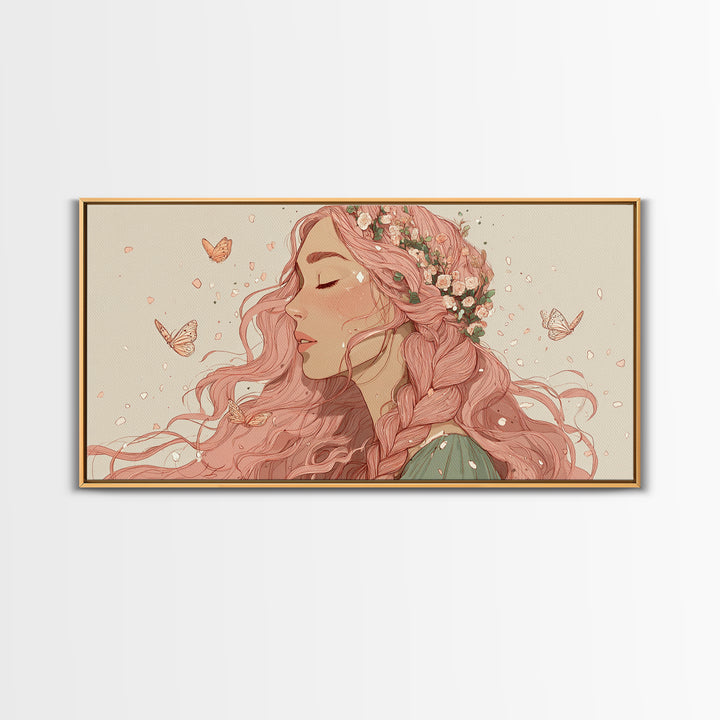 Pink Braided Floral Woman Portrait Wall Art, Feminine Boho Decor, Whimsical Butterfly Canvas Art, Gift For Her, Living Room Decor