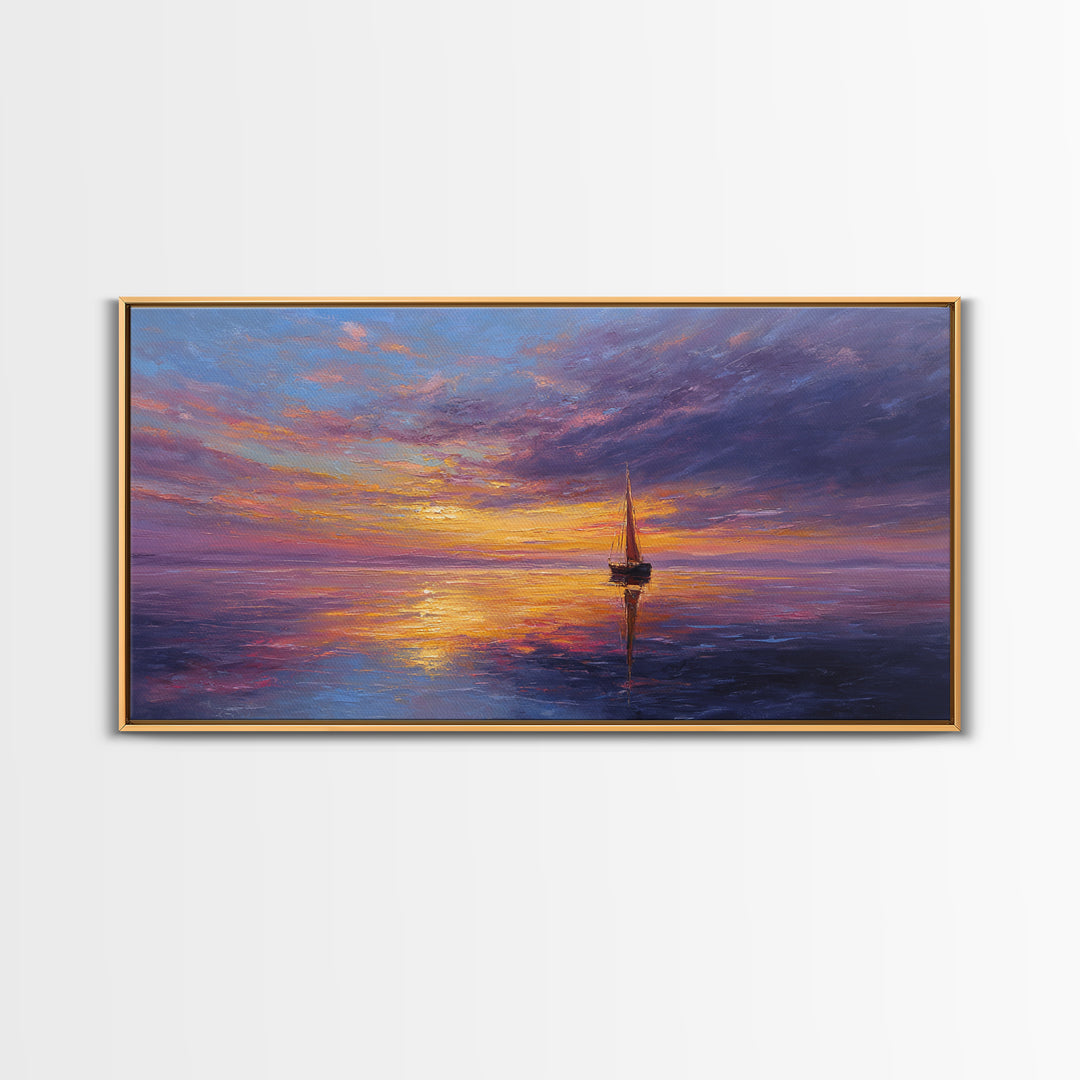 Sailboat Sunset Canvas Print Colorful Seascape Wall Art Modern Coastal Home Decor Nautical Poster