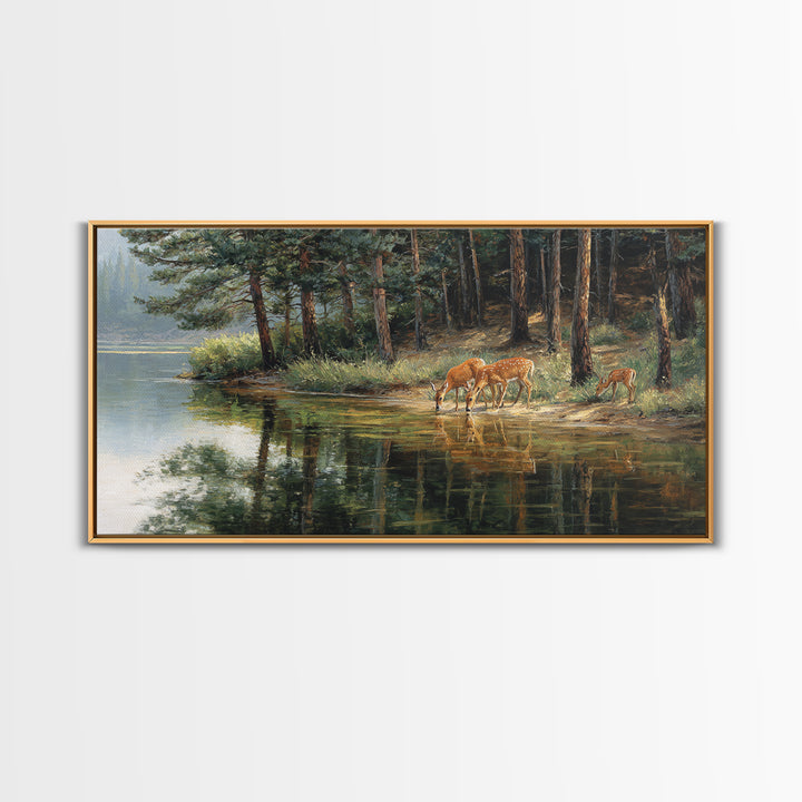 Realistic Wildlife Painting Deer Family Nature Wall Art Canvas Print For Rustic Home Decor And Living Room