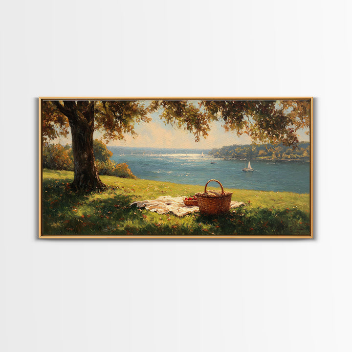 Sunlit Picnic Scene Overlooking Blue Lake With Sailboats Wall Art Framed Canvas Print Coastal Decor