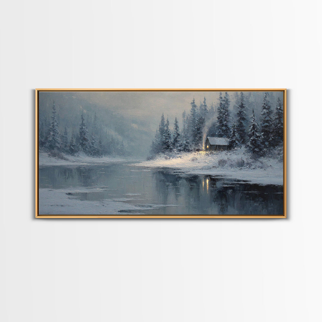 Cozy Cabin In Snow Winter Landscape Painting Oil On Canvas Framed Canvas Print For Home Decor