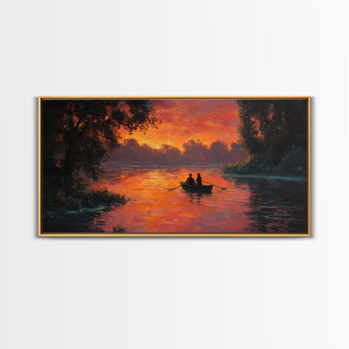 Romantic Couple In Rowboat At Fiery Sunset Lake Scene Oil Painting Wall Art Ideal For Cozy Bedroom Decor Or Rustic Living Room Framed Canvas Print