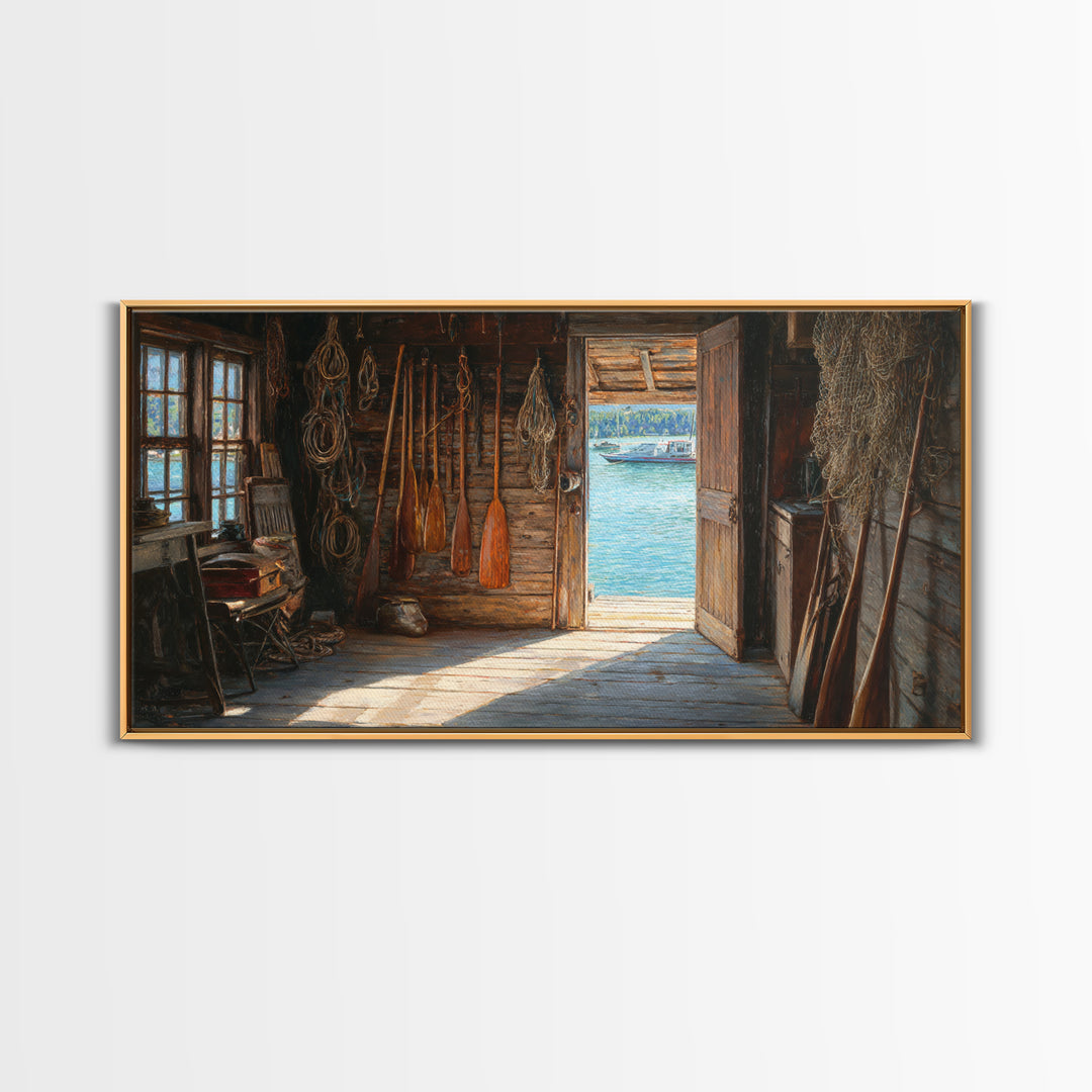 Rustic Fishing Shack Interior With Oars And Nets Oil Painting Wall Art For Coastal And Nautical Home Decor