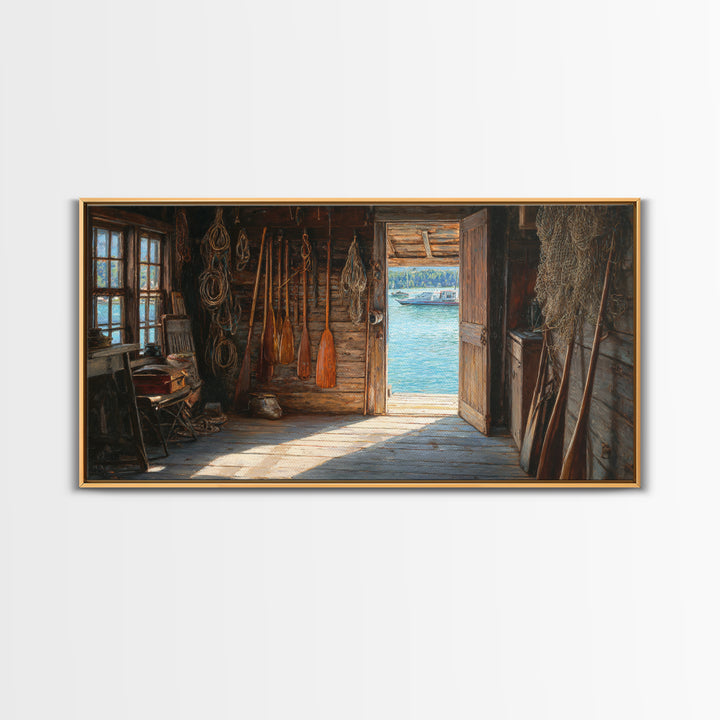 Rustic Fishing Shack Interior With Oars And Nets Oil Painting Wall Art For Coastal And Nautical Home Decor