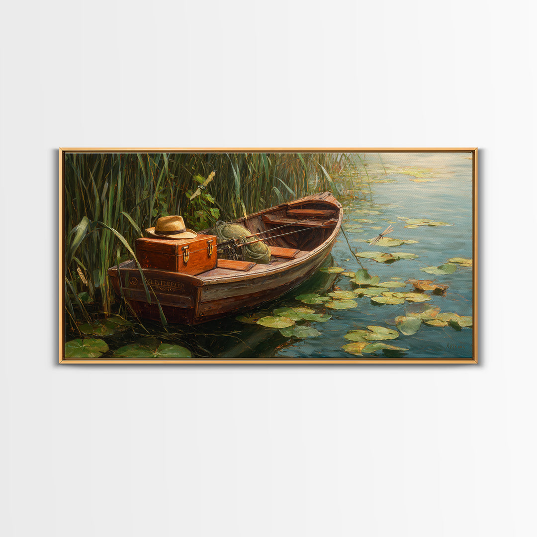 Rustic Lake Sunset Landscape With Adirondack Chairs Oil Painting Framed Canvas Print Wall Art