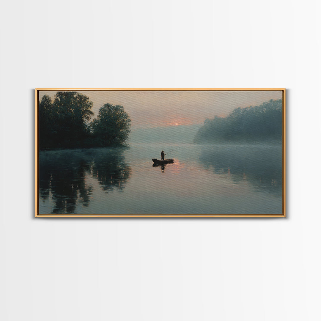 Serene Fisherman In Early Morning Mist Over Glassy River Original Oil Painting Wall Art For Living Room Decor