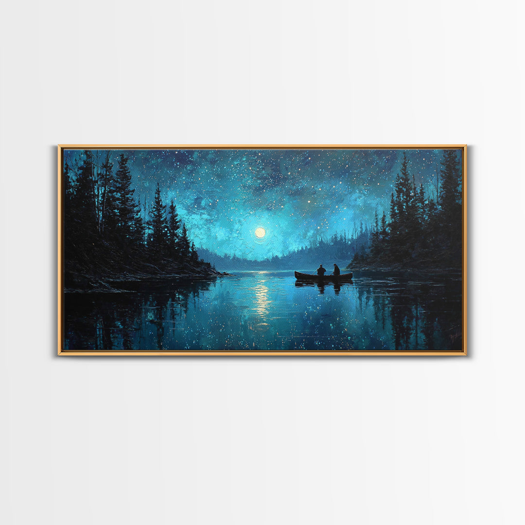 Starry Night Landscape With Canoeists On A Moonlit Lake Original Oil Painting Wall Art