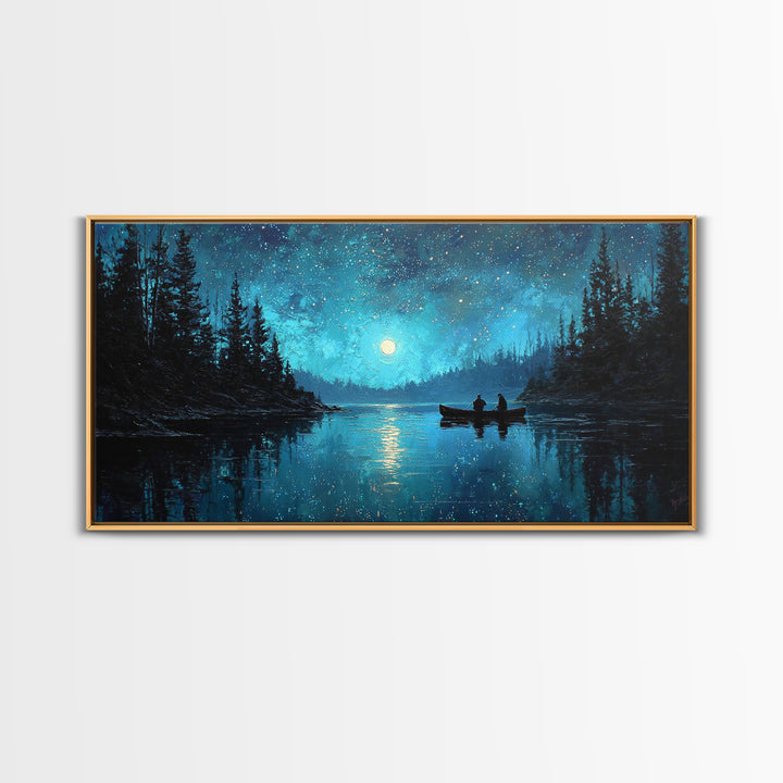 Starry Night Landscape With Canoeists On A Moonlit Lake Original Oil Painting Wall Art