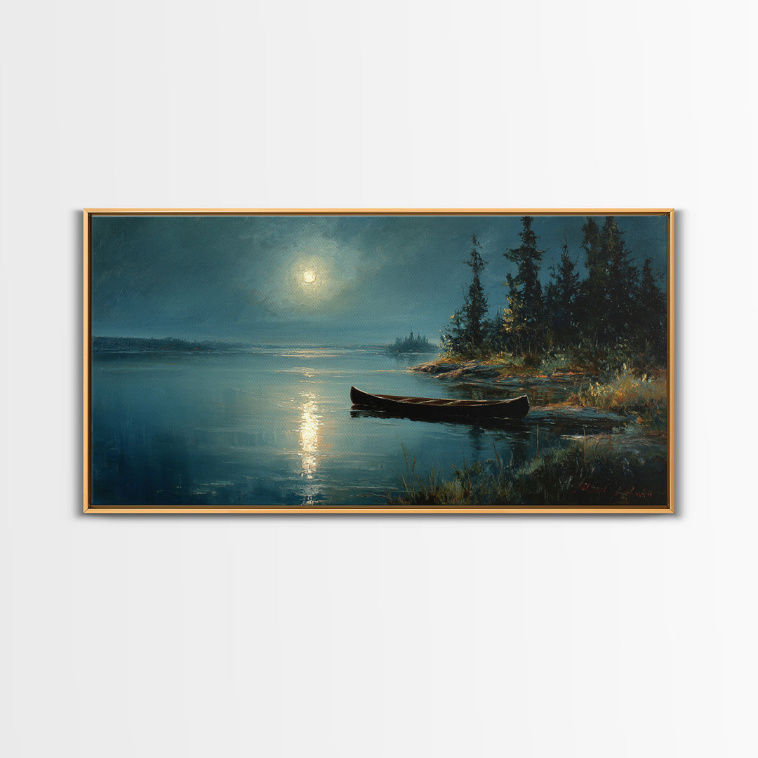 Calm Moonlit Lake Scene With Canoe And Forest Landscape Original Painting Wall Art Canvas Print Home Decor