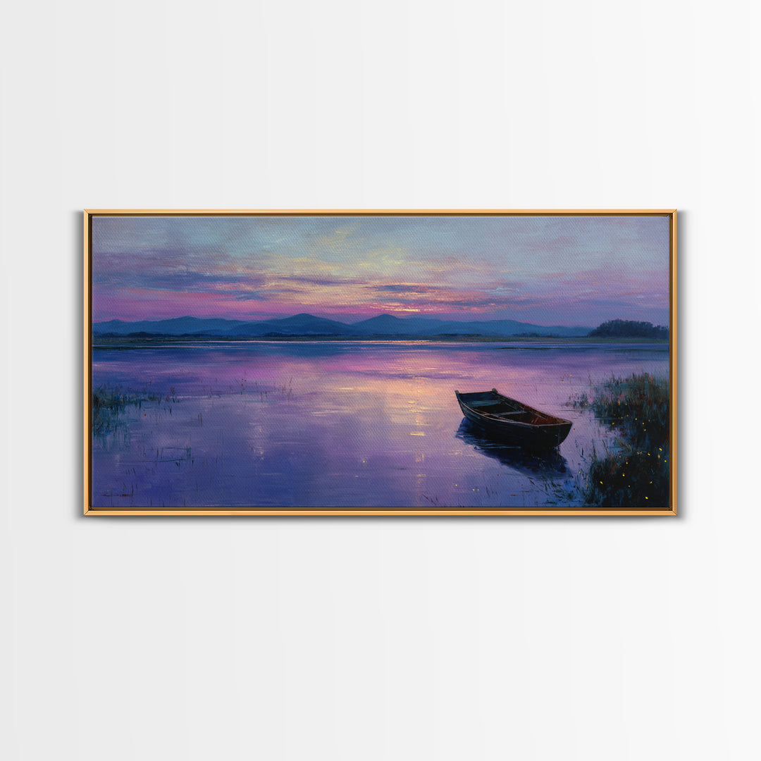 Peaceful Sunrise With Boat On Calm Lake Landscape Painting Large Wall Art For Living Room