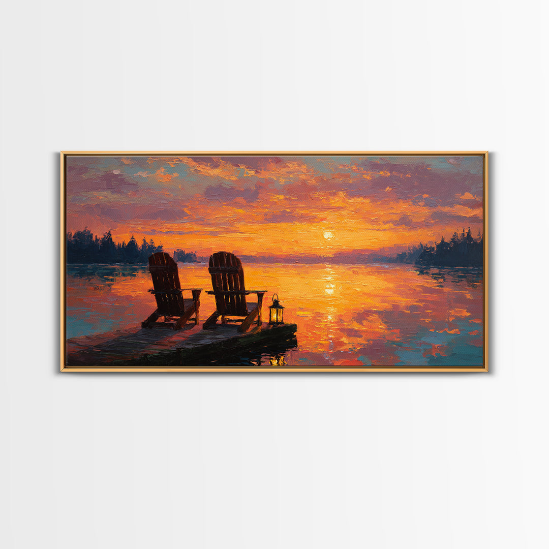 Warm Glowing Sunset With Adirondack Chairs On Lake Dock Tranquil Landscape Oil Painting Wall Art Framed Canvas Print For Cozy Home Decor