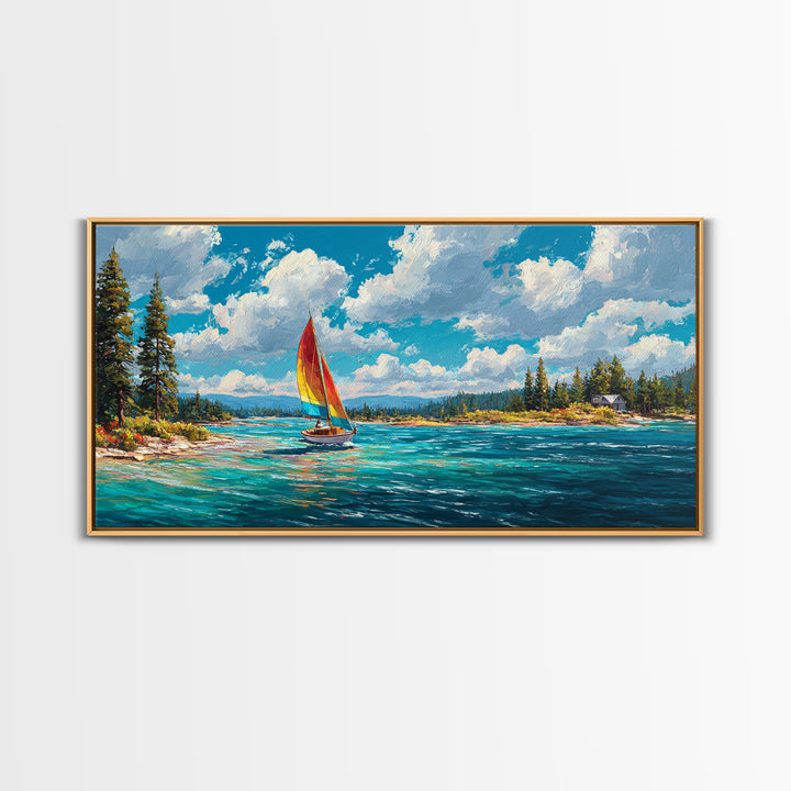 Vibrant Abstract Coastal Scene Sailing Boat Oil Painting Canvas Print Wall Art Beach Home Decor Large Wall Art Bright Wall Decoration