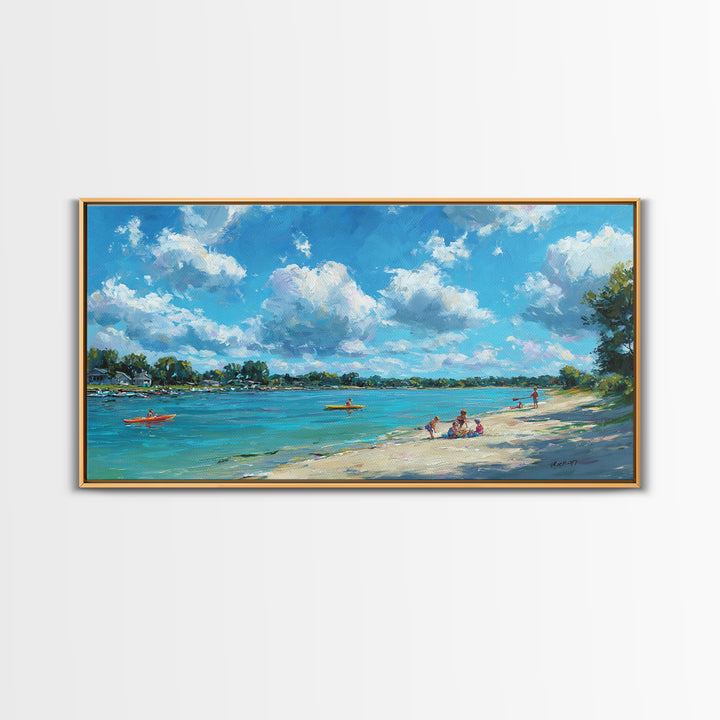 Beautiful Vibrant Oil Painting Of Lake Scene With Kayakers And Blue Sky Canvas Print Large Wall Art Home Decor Living Room Wall Art